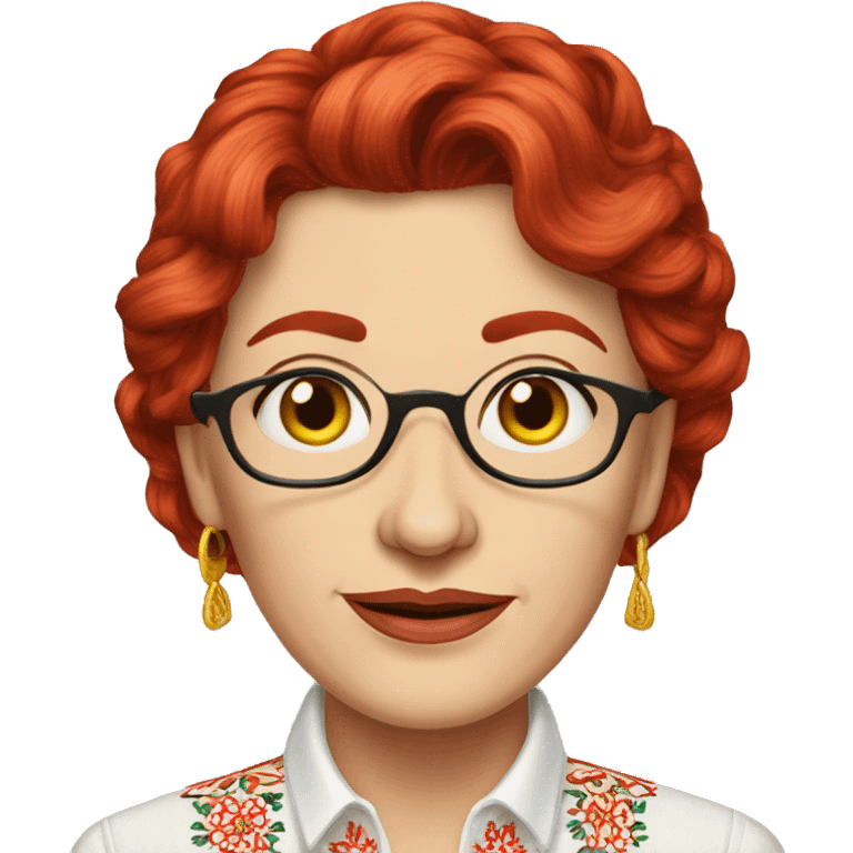 A middle-aged Ukrainian woman writer in an embroidered shirt with red hair
 emoji