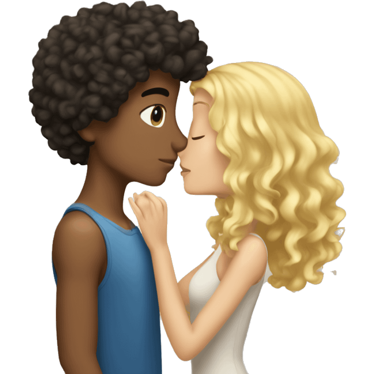 Short haired curly brunette boy kissing long haired blonde girl emoji