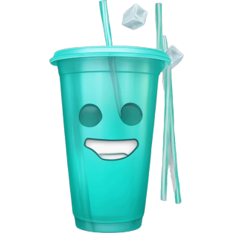 Realistic plastic cup and lid with Transluscent turquoise and large ice cubes inside and one straw through the top of the lid. emoji