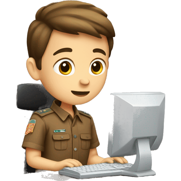 a boy in a brown uniform using a computer emoji