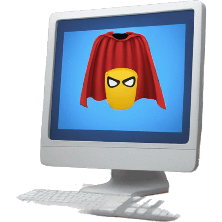 computer screen wearing a superhero cape emoji