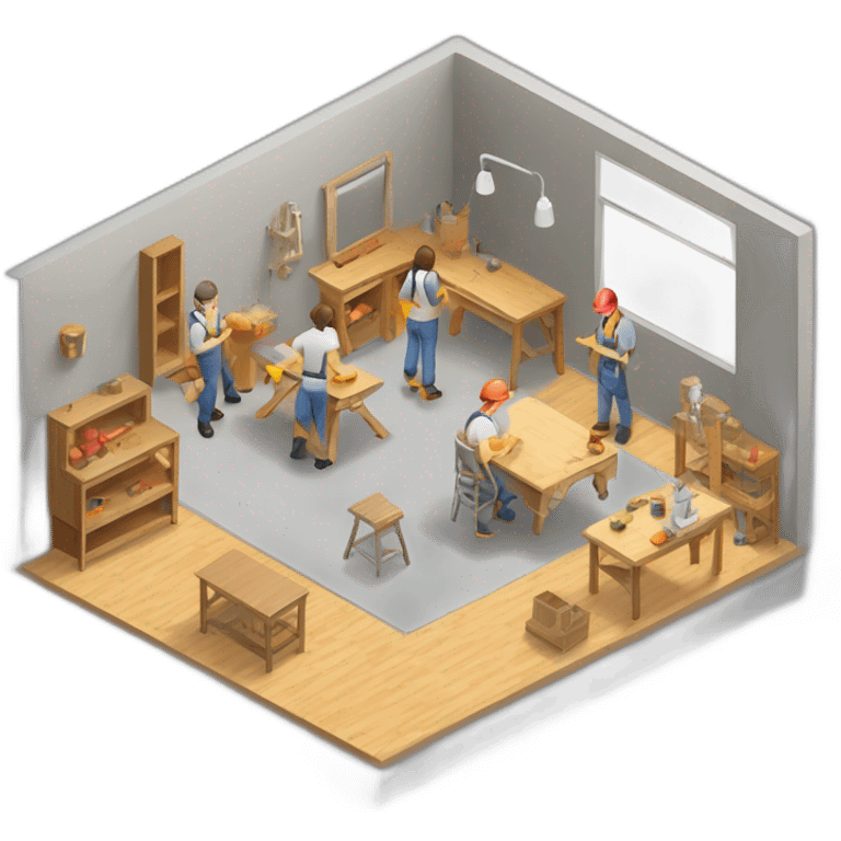 isometric square transparent solid outline border containing indoor woodshop people actively working grey floor emoji