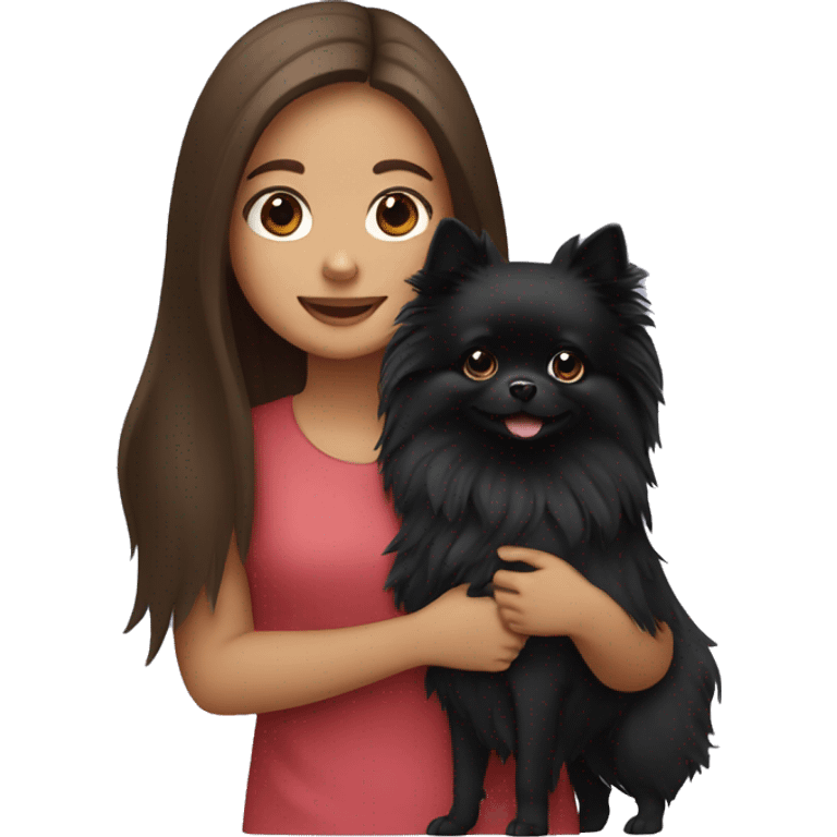 Girl with long brown hair holding a Black Pomeranian dog emoji