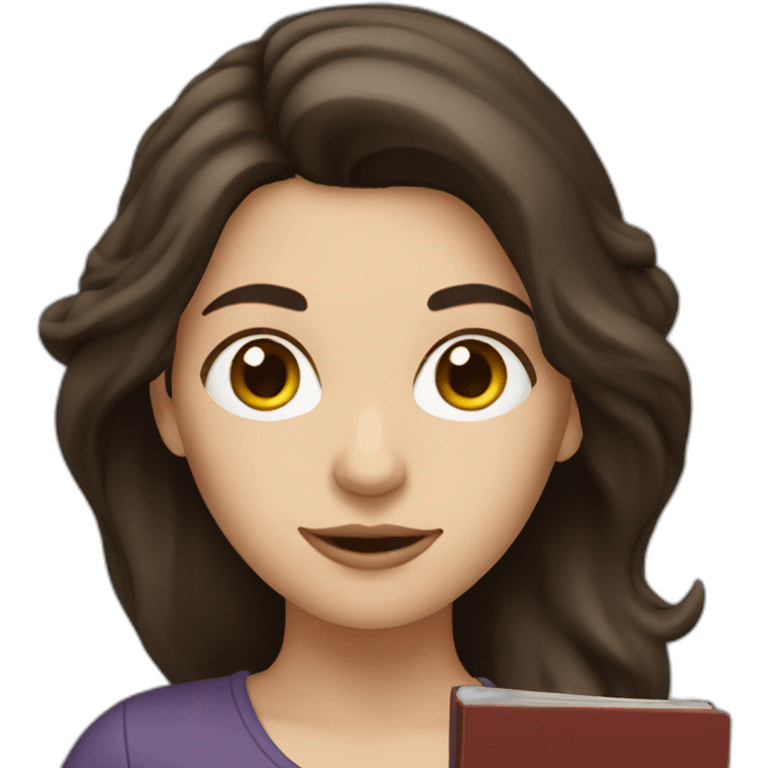 White woman with dark brown hair holding a book emoji