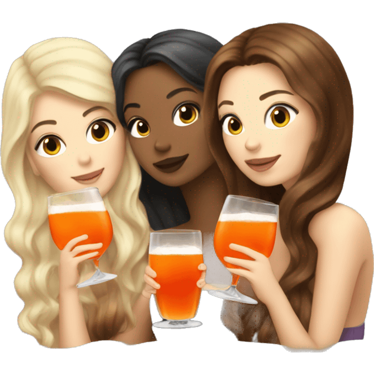 Three beautiful mermaids (two brown hair and blond one) drinking aperol emoji