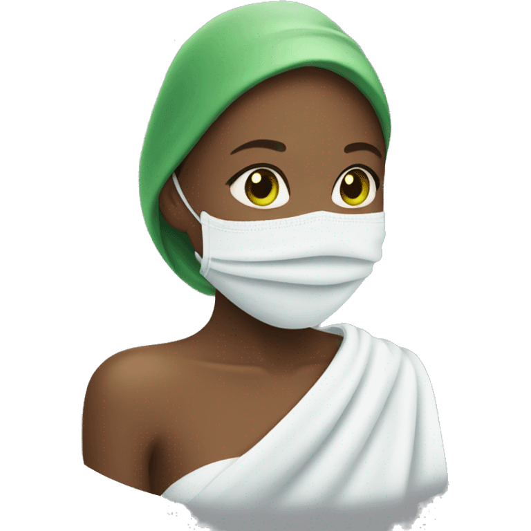 Girl with a white towel on her hand and the green mask on her face emoji