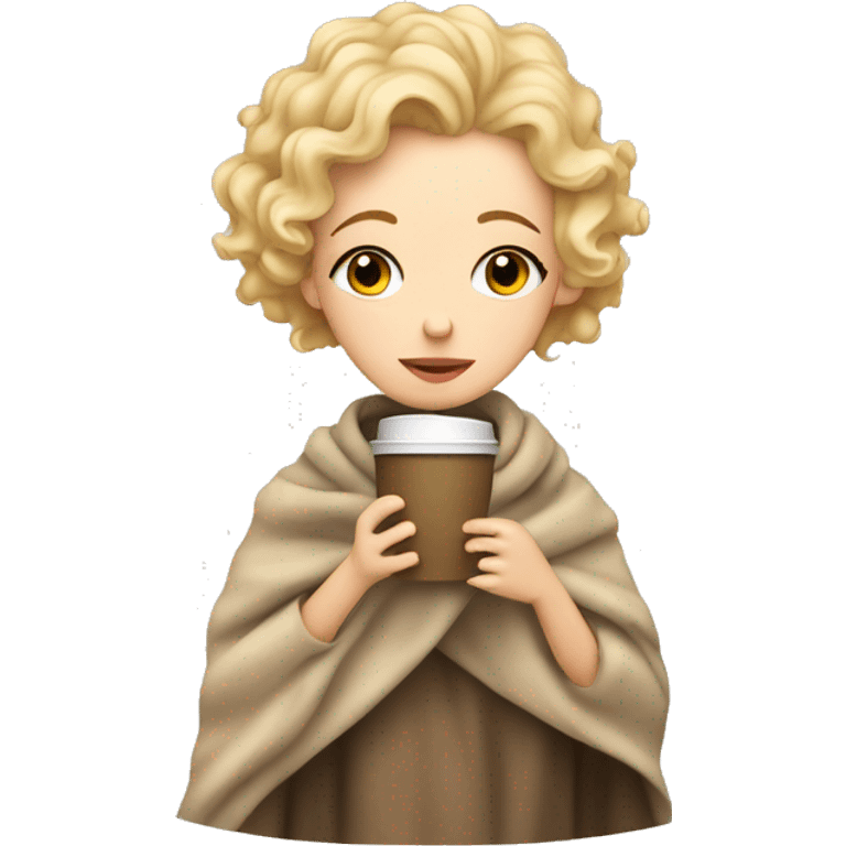 Blonde short hair curly girl inside a blanket sipping coffee eyes closed emoji