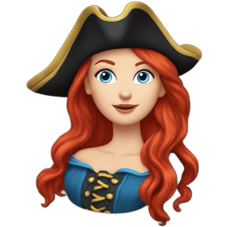 Woman long red hair in a single platt. pirate hat. One side of head has no hair. Blue eyes. skull and crossbones t shirt emoji