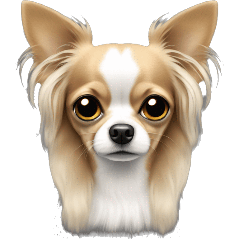 black white and tan long-haired chihuahua looking sad emoji