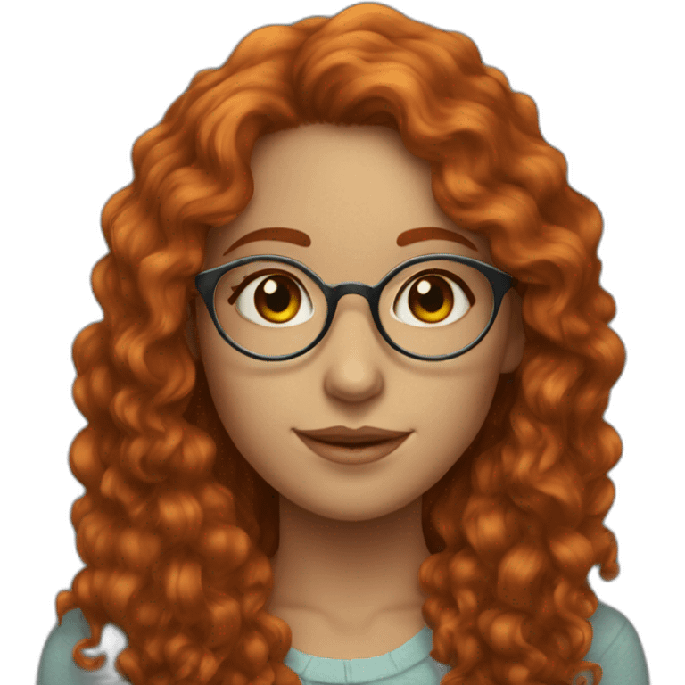 a young woman with long red curly hair, golden round glasses and blue-green eyes emoji