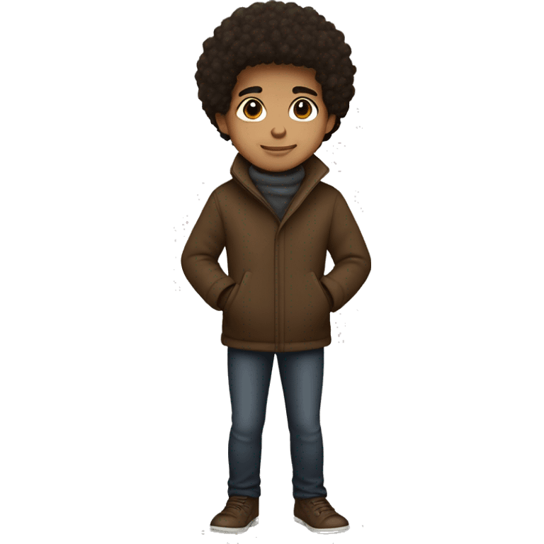 winter, christmas, hispanic, afro hair,  boy, short hair, brown eyes, child, full body, brown coat emoji