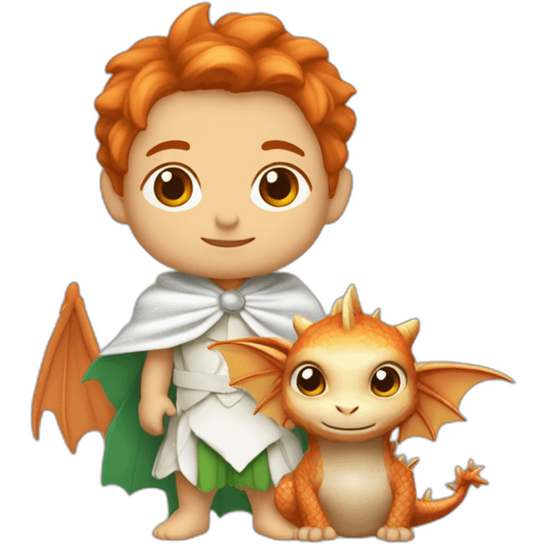 fée rousse avec une cape verte portant un bébé dragon blanc emoji