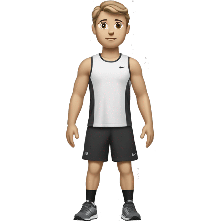 A very little tanned white boy with brown hair, short and a little wavy, with New Balance 1906R Grey, white Nike socks, a black Nike running jogging and a black Under Armour t-shirt. emoji