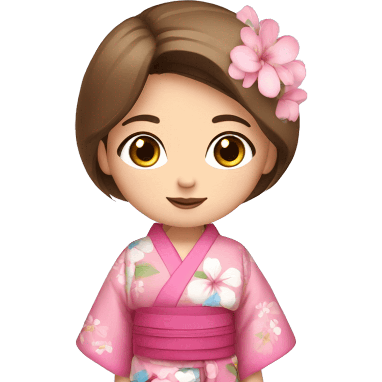 cute girl brown straight hair and blue eyes in pink flower kimono emoji