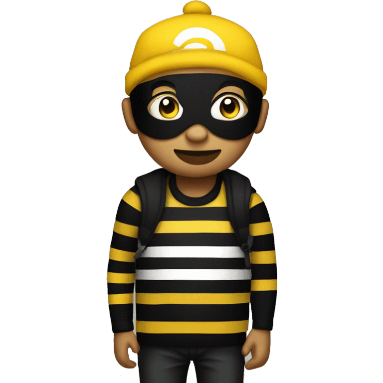 Yellow skin guy with a black top mask and a black beanie and a shirt black and white striped with a money bag on his left shoulder emoji