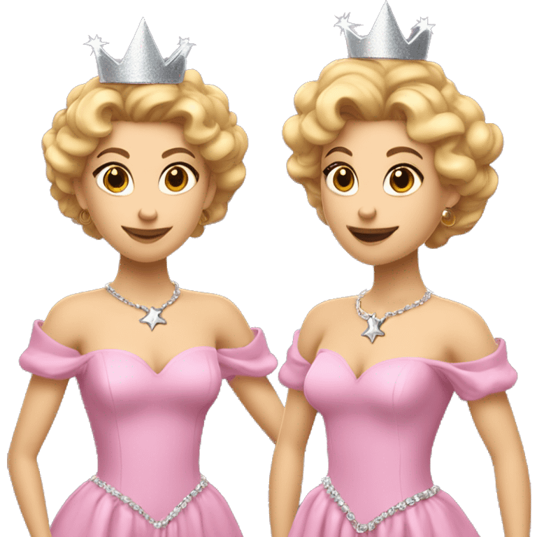 A white skinned woman with golden-blonde curls in an updo. Wearing a pink ball gown with puffy shoulders, a silver crown, and holding a star wand. Radiates charm and magic. emoji