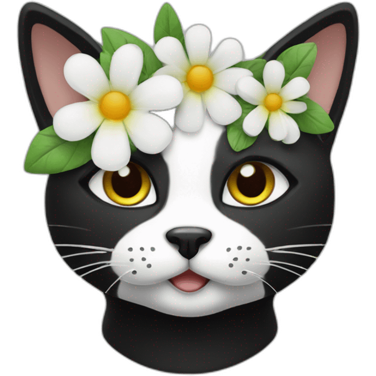 black and white cat head with flowers emoji