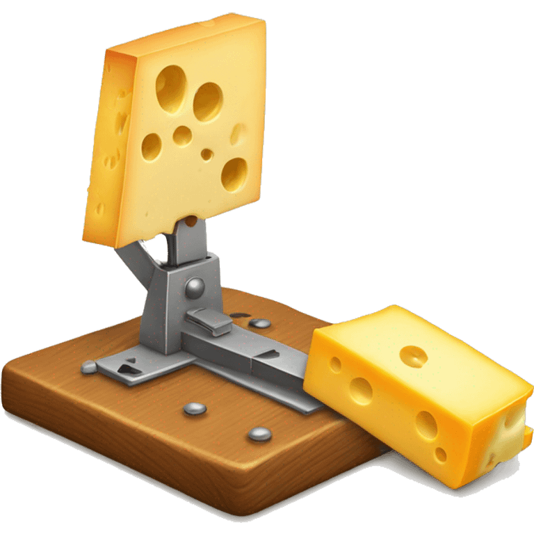 A mousetrap with a piece of cheese on it. The mousetrap should be classic wooden style, with the cheese placed on the trigger emoji