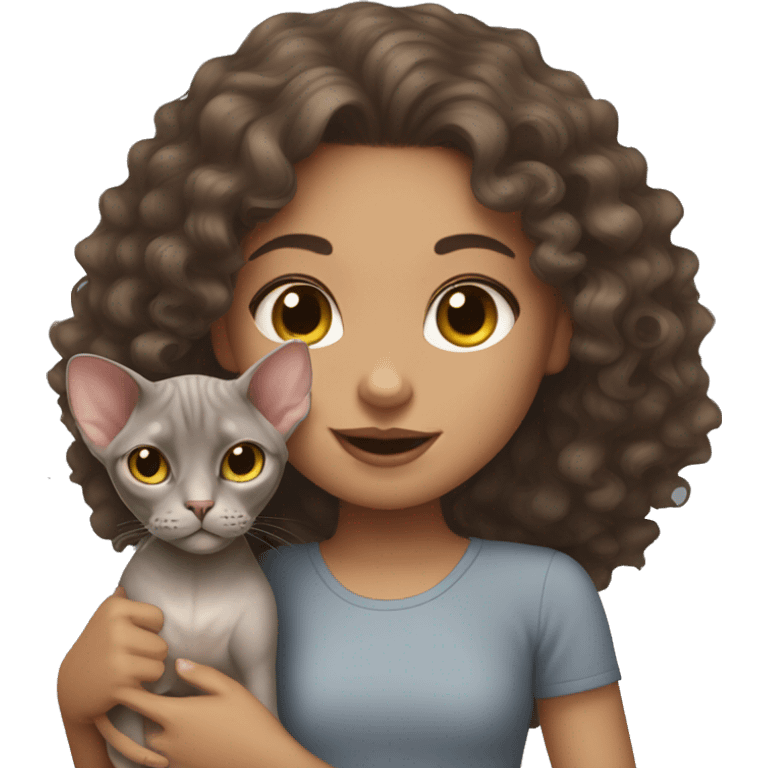 Girl With curly Brown hair With a Sphynx grey cat emoji