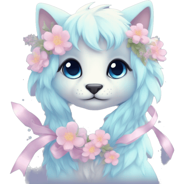 Anthro Cute Cool Blushing Pastel Innocent Shy Kawaii gorgeous sparkly ethereal fantasy animal creature with blue eyes furry sona with flowers and ribbons beautiful aesthetic emoji