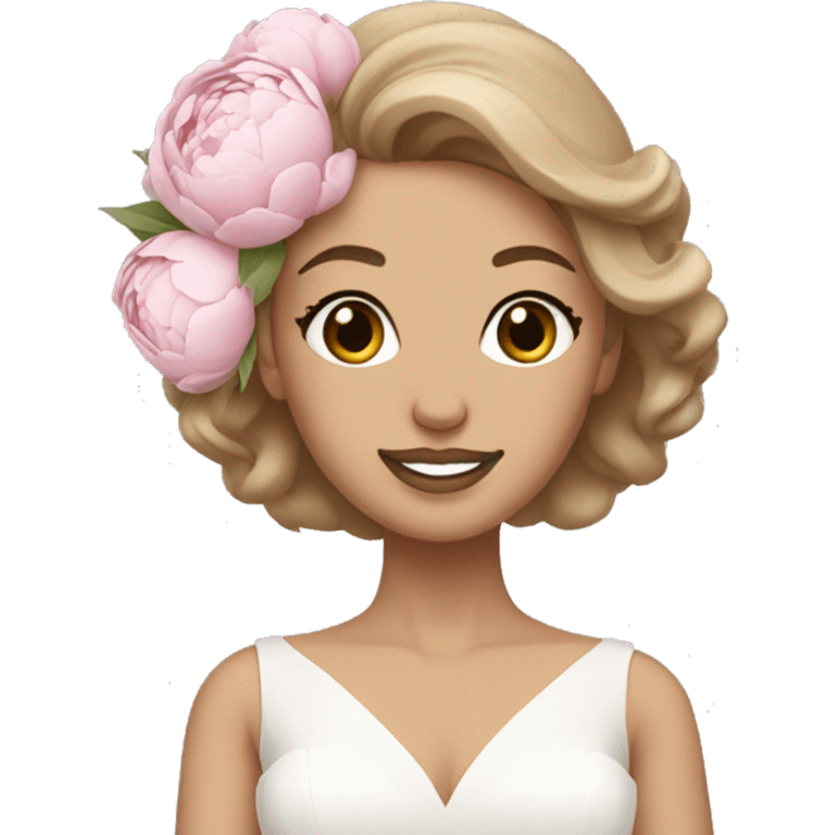 White bride with light brown hair with white and pink peonies bouquet  emoji