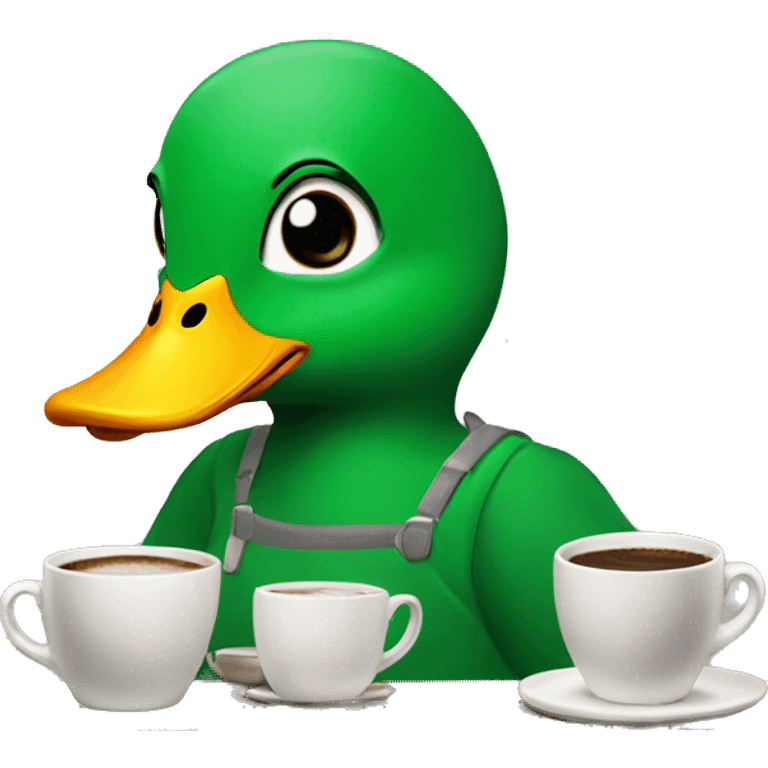 withe duck with a forelock with green eyes and green sweatshirt, making coffee emoji