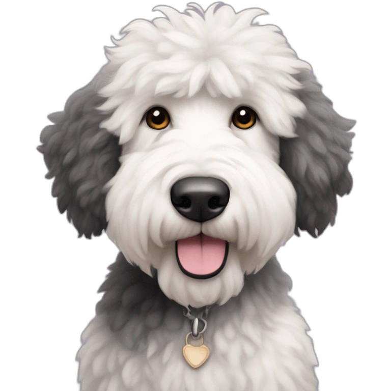 handsome sheepadoodle, white chest, white center of face, nice mustache, great posture emoji