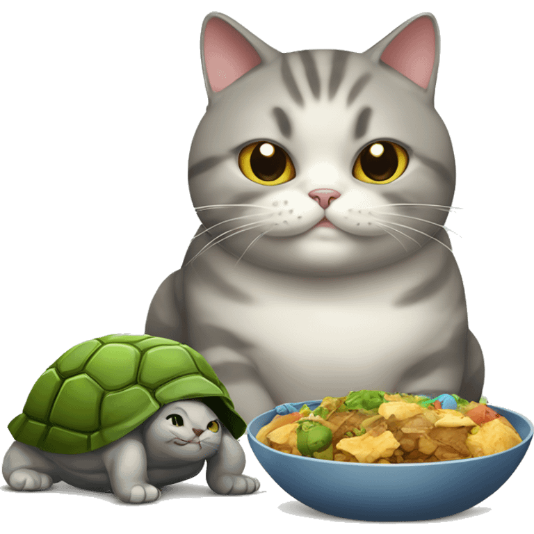 A fat British cat with a turtle color. There is a happy one at the bowl with food emoji