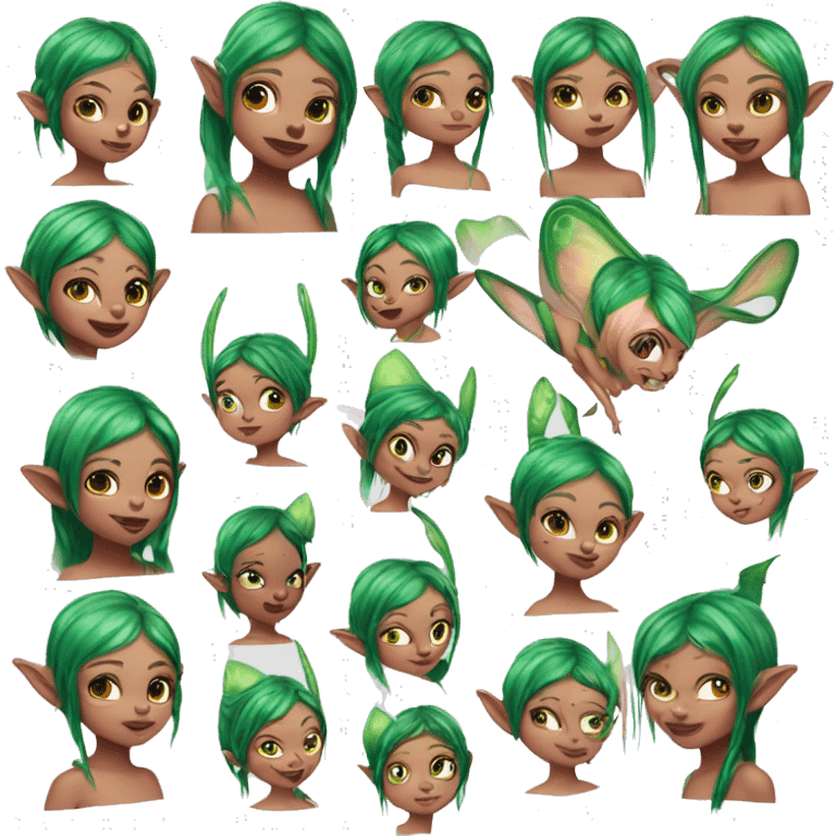 pink skin with four set of eyes girl with green hair and elf like ears fairy creature emoji