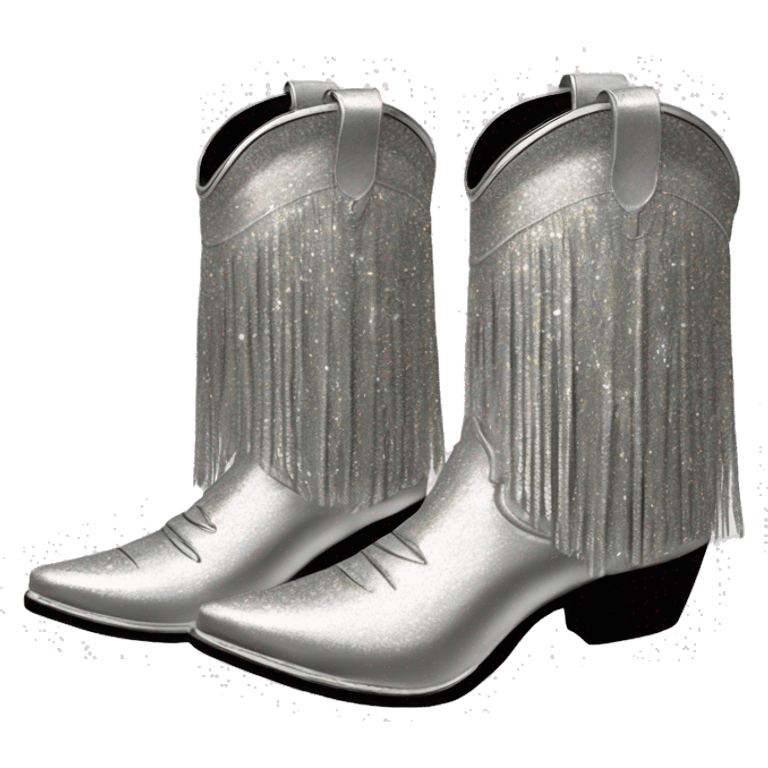 Realistic silver colored fashion cowgirl boots with sparkly shiny glitter fringe on them. emoji