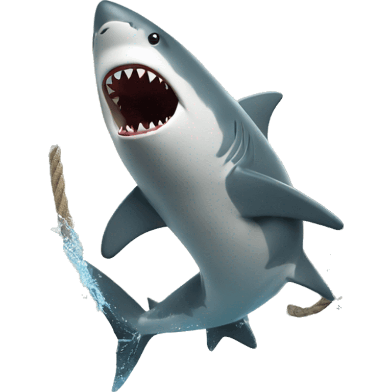 man holding a sharkwith a rope around its mouth and jumping out of water with it emoji