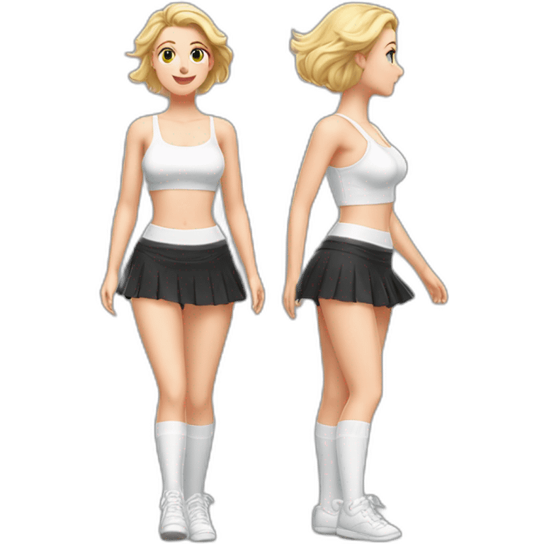 realistic full body caucasian curvy beauty jumping short black skirt back and front views strong wind white knickers long white socks emoji