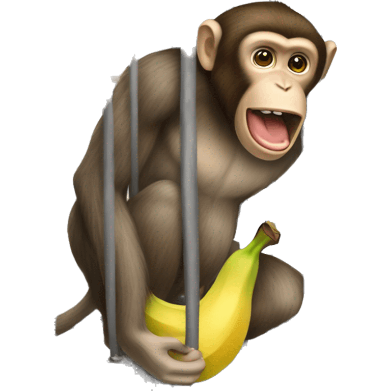 The monkey's outside. Banana inside the cage.  Monkey trying to get the banana out of the cage emoji