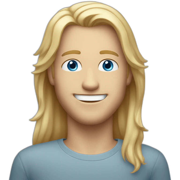 White guy with blue eyes and medium-long blond hair smiling with one silver teeth emoji