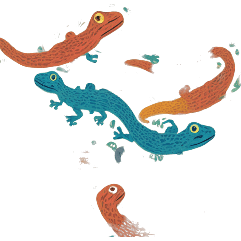 Abstract quirky funky made of different shapes gecko and squiggles linocut multicoloured illustrations  emoji