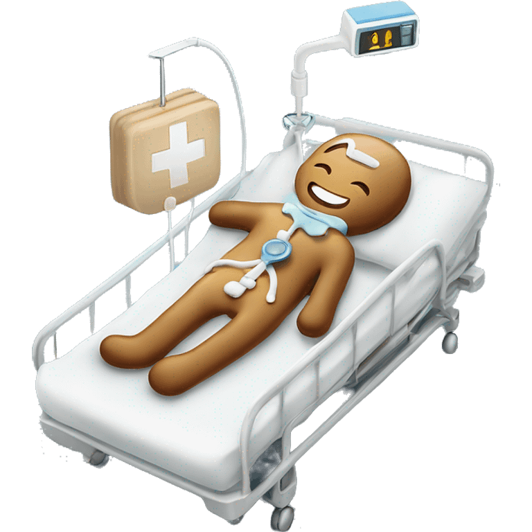 Realistic hospital IV bag and pole with gingerbread cookie In the bed isolated.  emoji