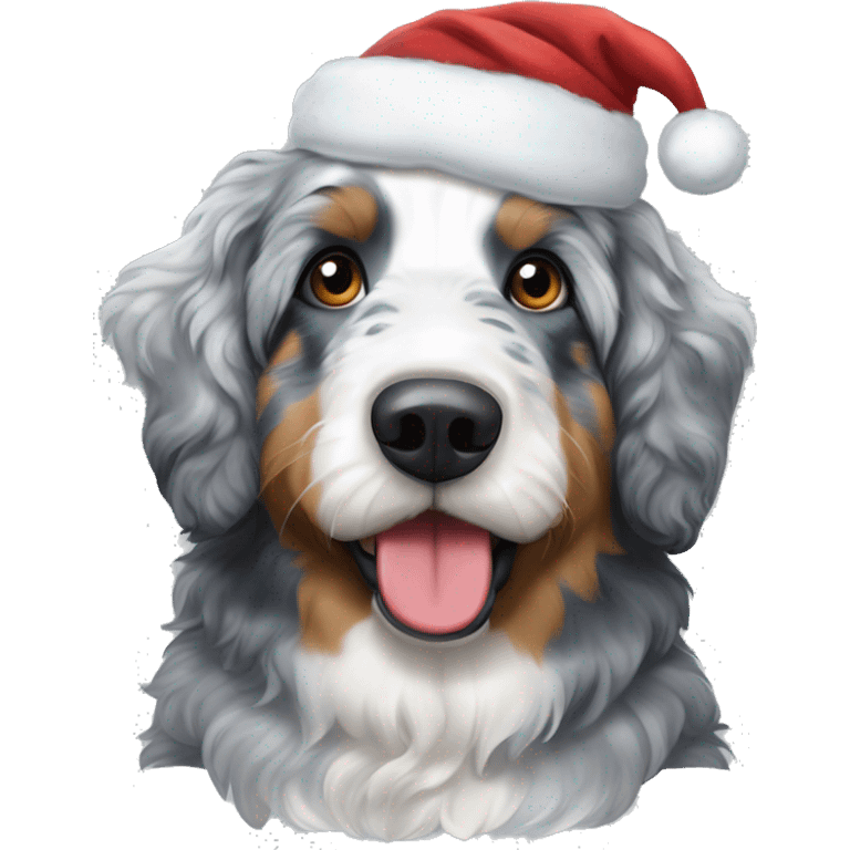 Blue Merle bernedoodle with a Santa hat  emoji