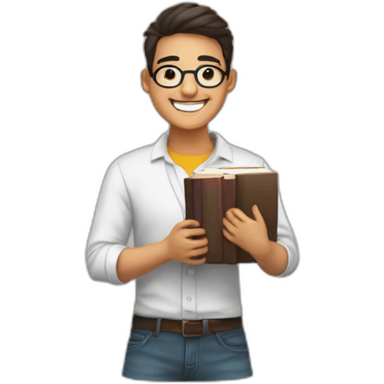 joven estudiante con todos sus libros, de piel blanca muy feliz y sonriente con un libro en sus manos y sobre su cabeza emoji