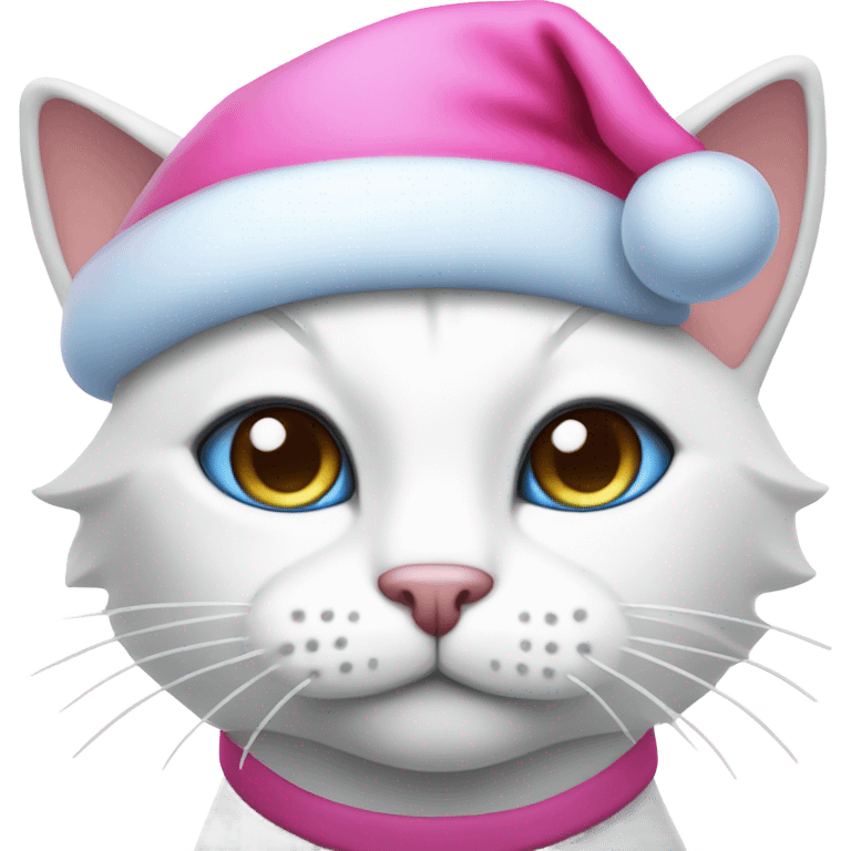 White cat with a pink nose and blue eyes wearing a Santa hat emoji