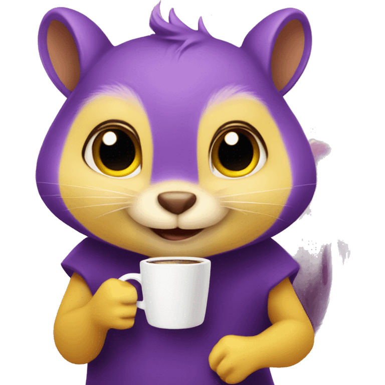 purple squirrel in a yellow dress with a mug of coffee in its paws emoji