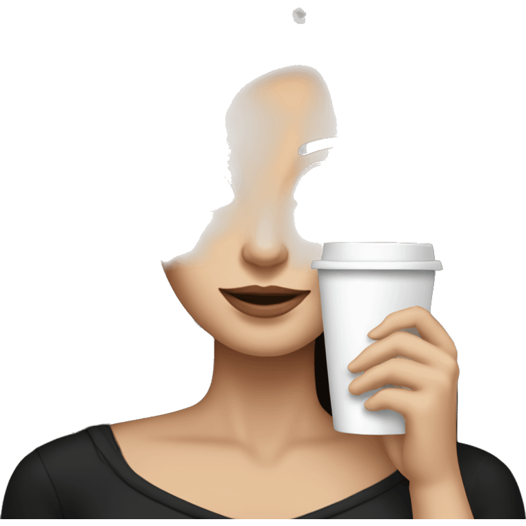 brunette long straight hair white skin woman in black long sleeve holding shopping bags and a coffe cup emoji