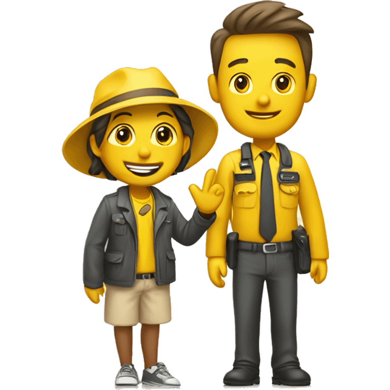 Agent welcoming tourist to his place to stay. Yellow. Background. emoji