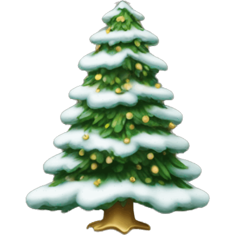 Christmas tree with lightly snow covered branches and gold ornaments and a gold star emoji