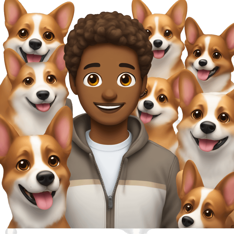 Hazel eyed brown haired young men who has corgi next to him happily emoji