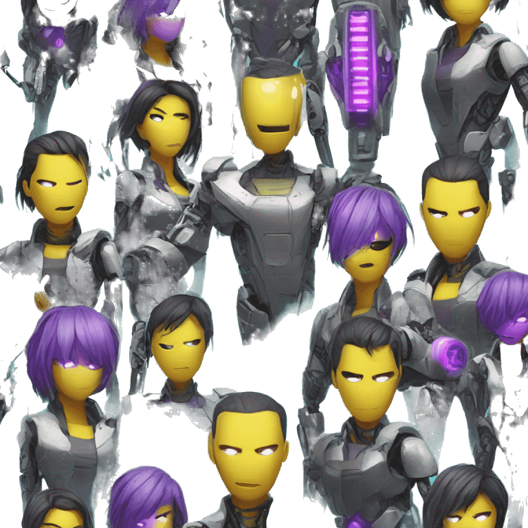 agent, laser eyes, yellow robotic face, cyberpunk, code, cyan and purple colors, only upper body portrait emoji