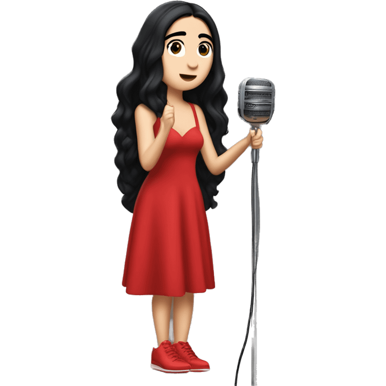 Dua Lipa, full body with long black hair, wearing a long red dress with red shoes, singing with microphone in her hand emoji