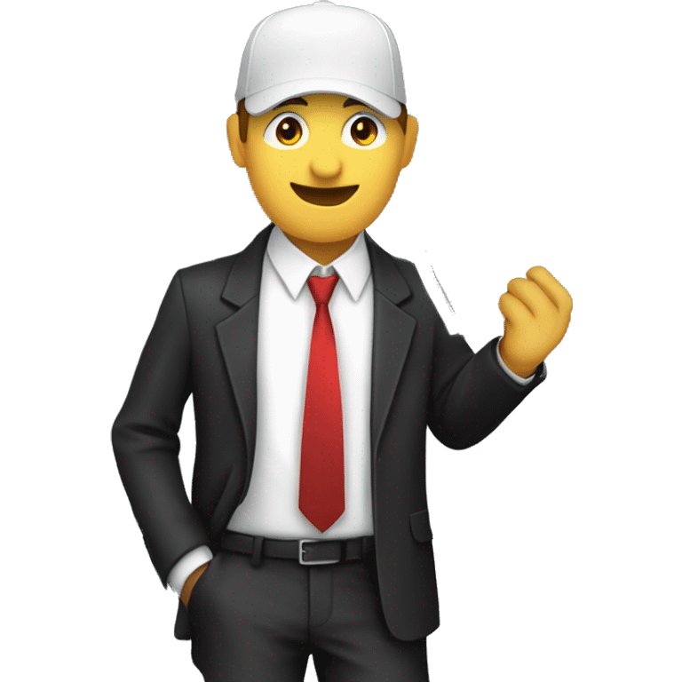 a stock market trader with tie, white shirt, black jacket and red cap holding banknotes in his hand emoji