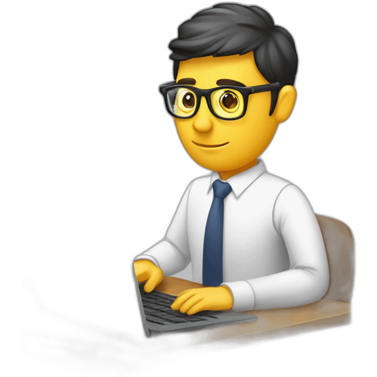 Periodista escribiendo en la computadora con lentes grabadora cámara lápiz y cuaderno emoji