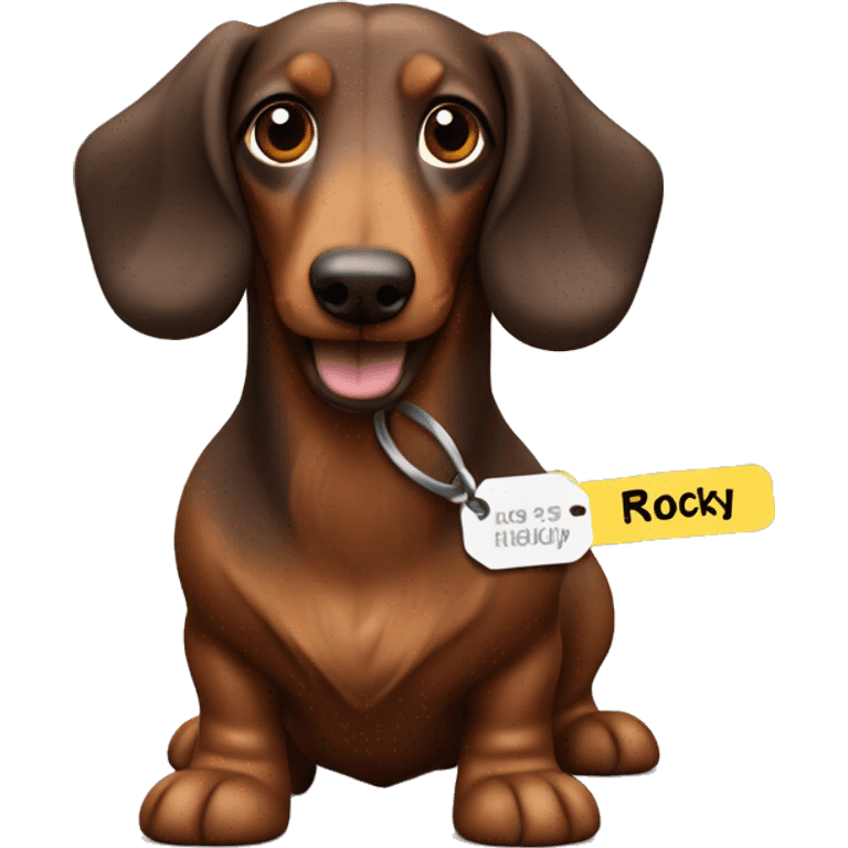 Brown long haired Sausage dog with a tag that says Rocky emoji