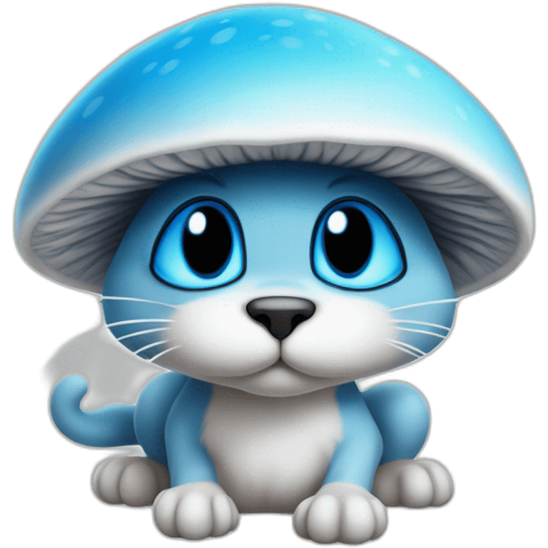 Old Blue smurf cat face with black eyes wearing a large white mushroom on his head emoji